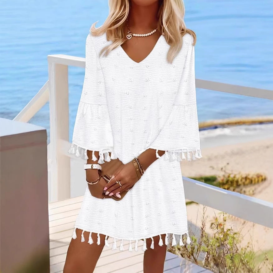 | Jacquard V-neck Leisure Loose Short Sleeves Dress