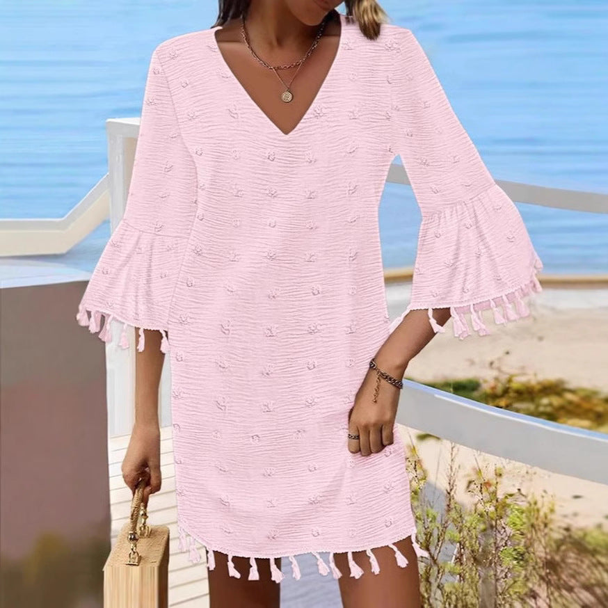 | Jacquard V-neck Leisure Loose Short Sleeves Dress